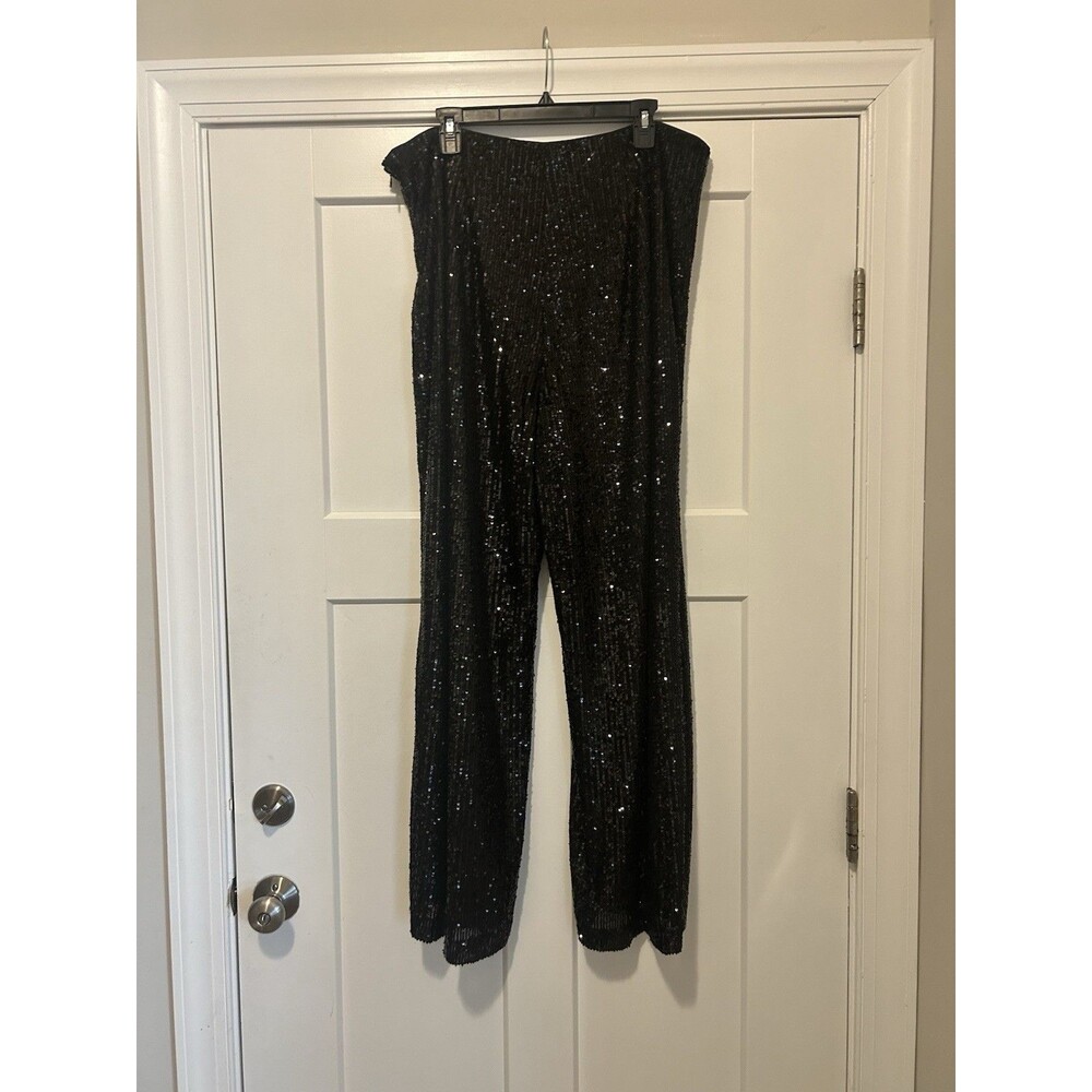 Limited Black Sequin Pants High Rise Wide Leg Side Zip Women’s Size 16  W Party